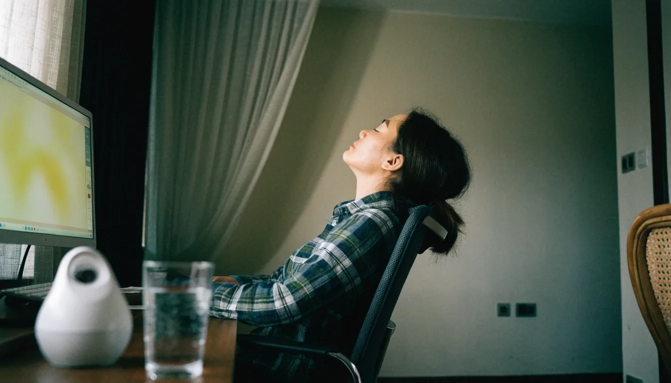 An open notebook on a table with angled midday light across the blank page and a curtain lifted by moving air