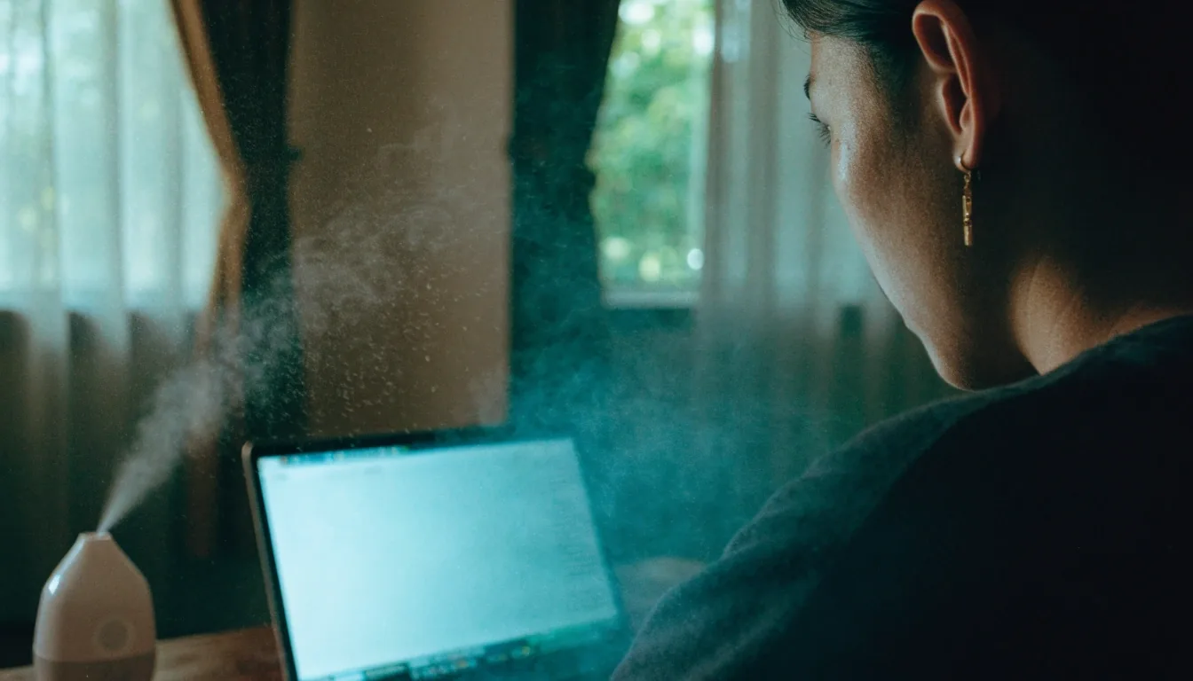 A person working at a desk in a humid room, turned toward the glow of a screen behind their shoulder