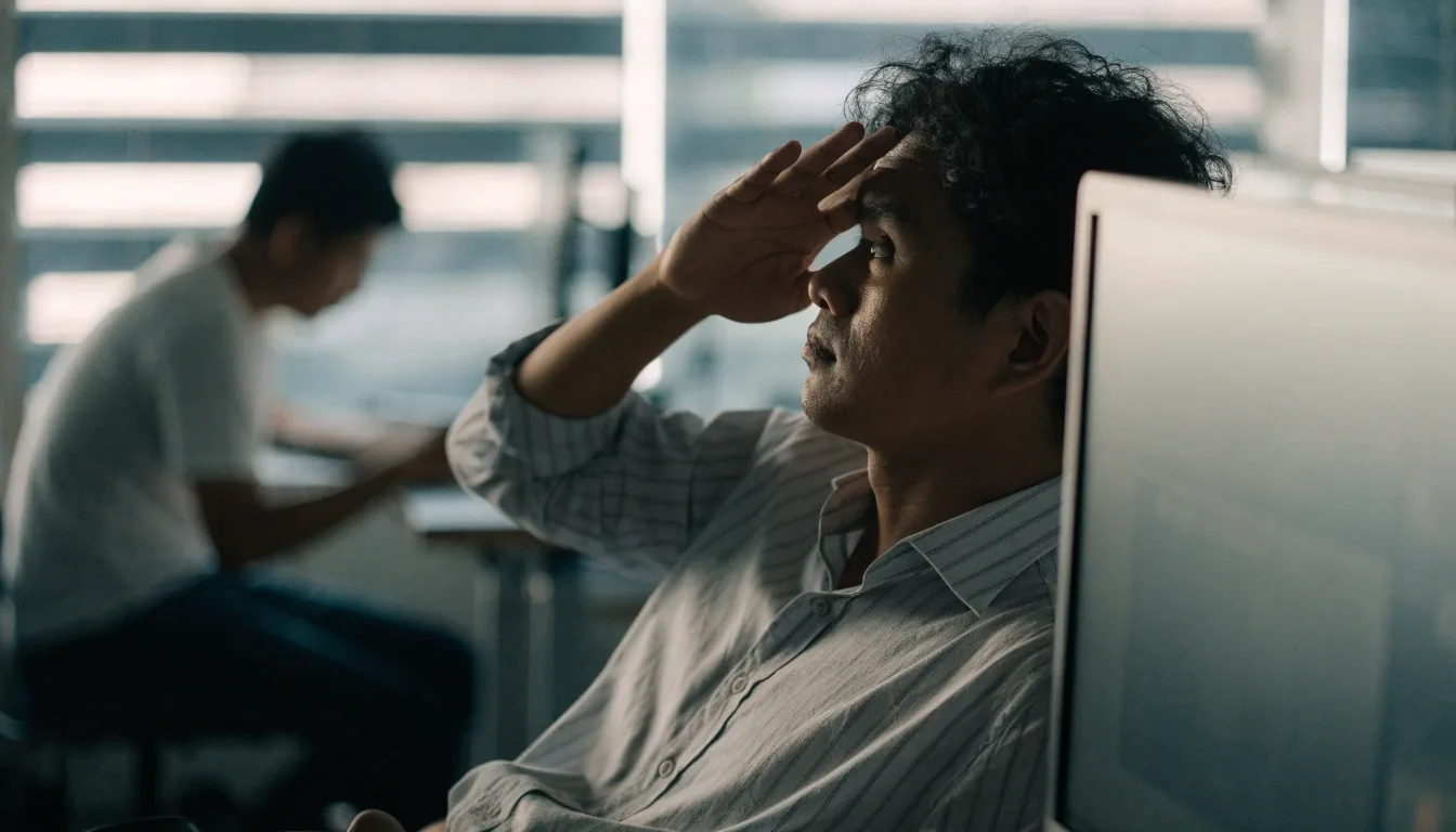 People working at desks in a bright shared workspace, seen from across the room