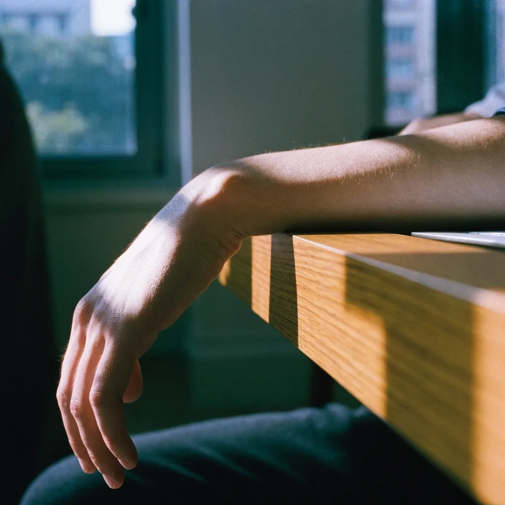 A forearm and wrist resting at the edge of a desk in midday window light, screen out of frame