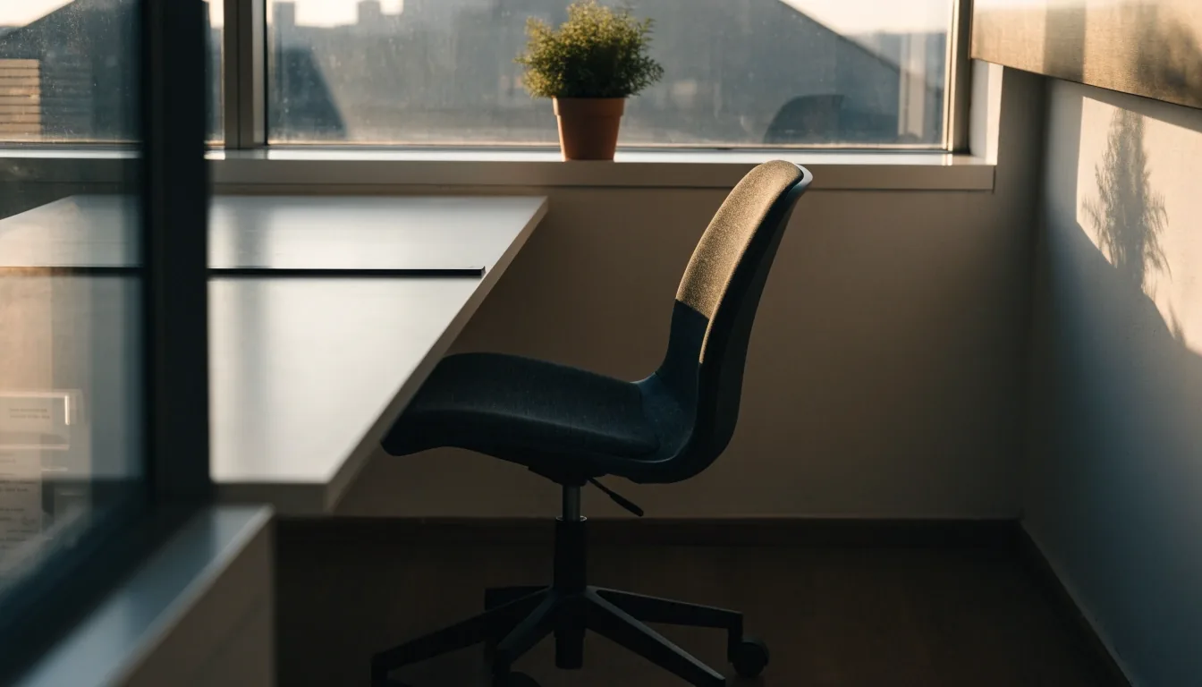An empty chair turned away from a desk at the edge of a quiet office in late afternoon light