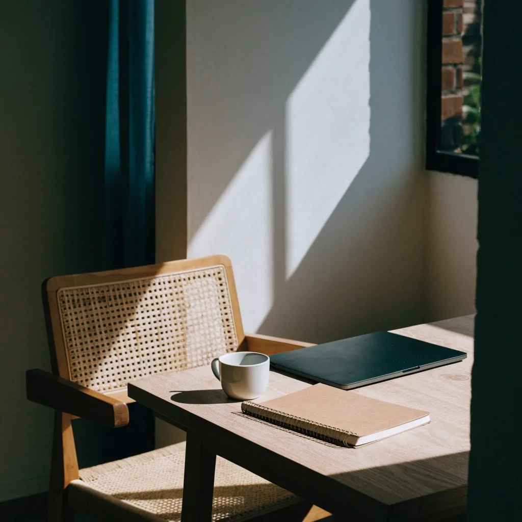 A quiet home-office desk in Jakarta in the late afternoon, with a closed notebook, a switched-off laptop and an empty mug on a light wood table