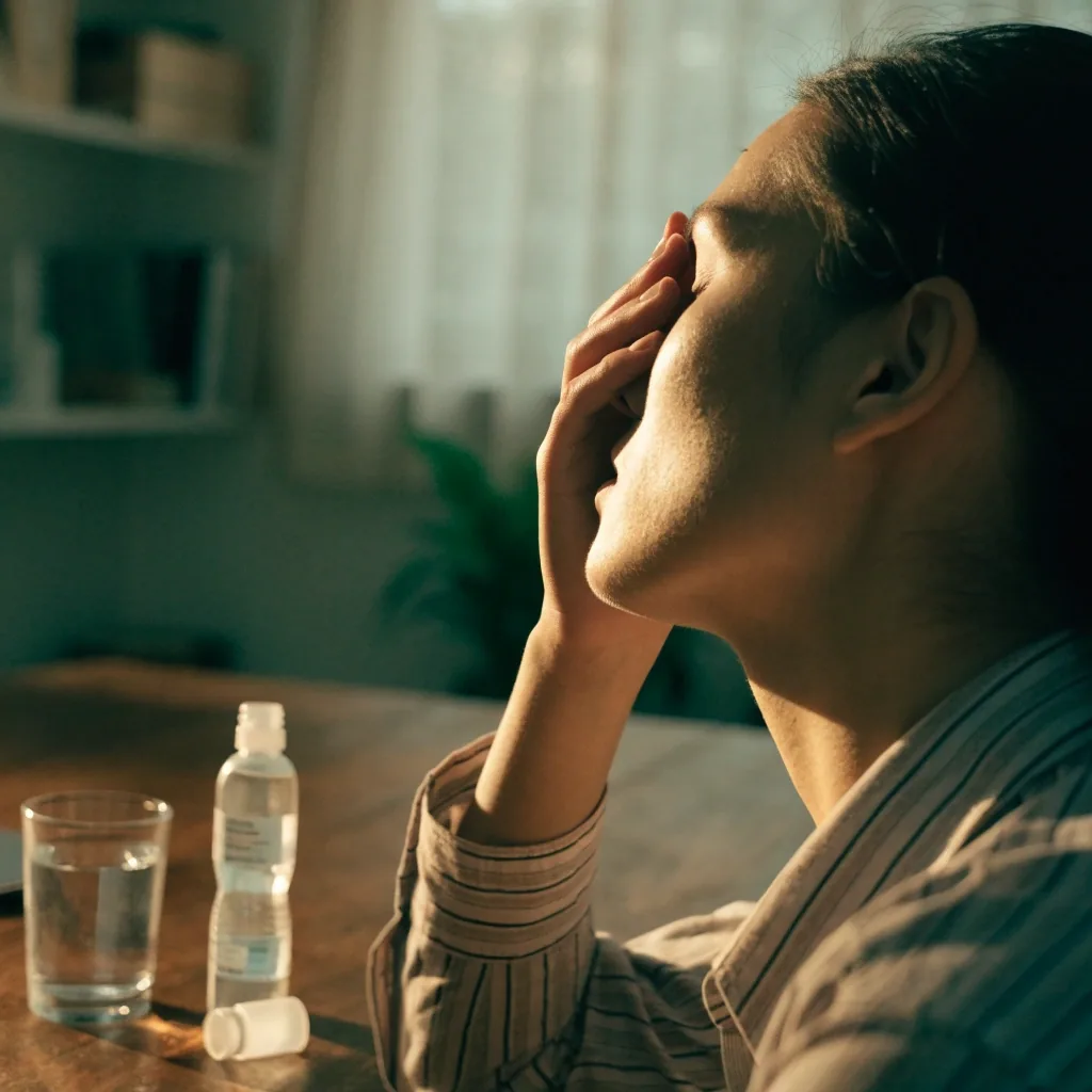 A person pausing at a desk in a humid room, hand lifted toward the brow
