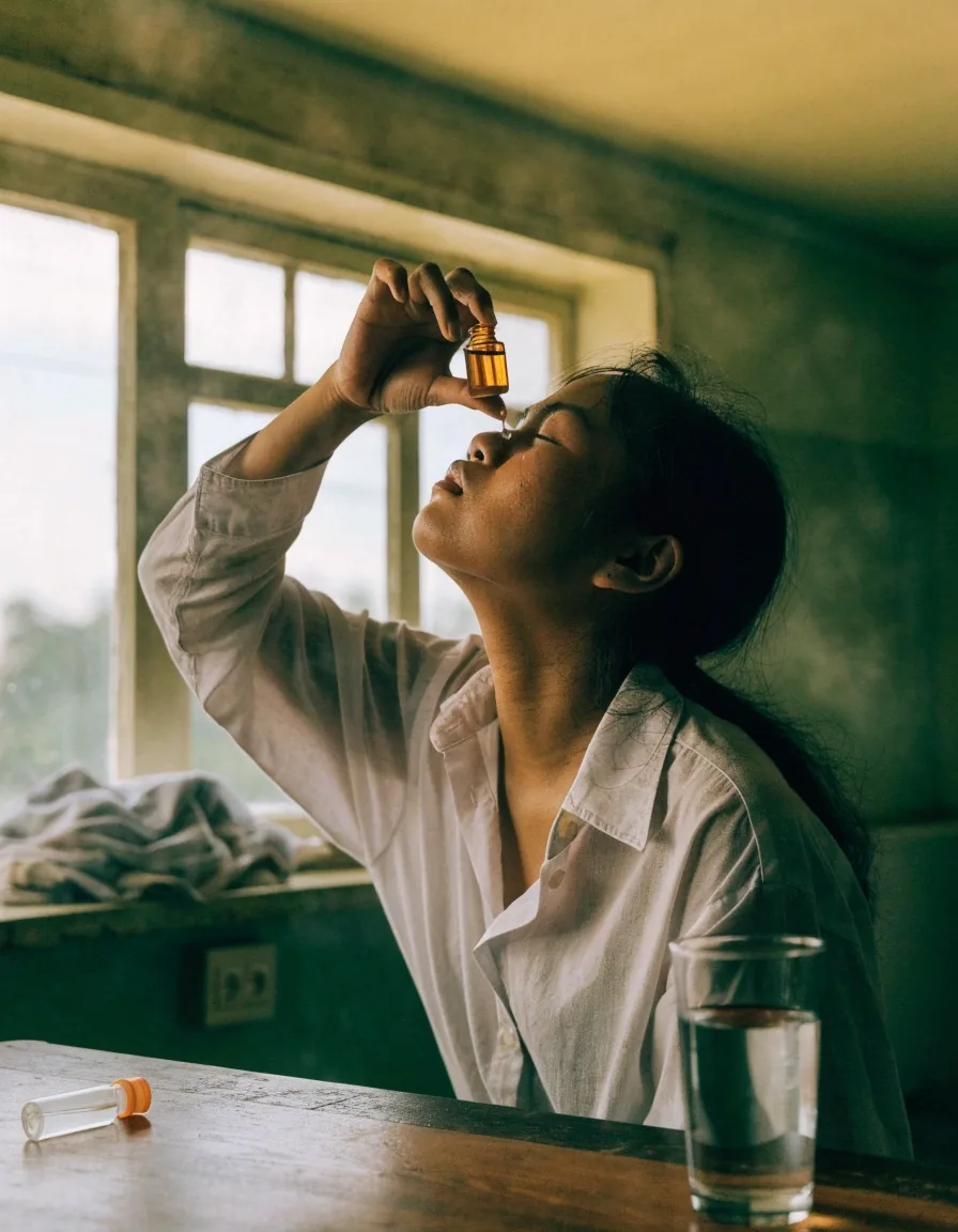 A small amber bottle and single-use vial resting beside a water glass