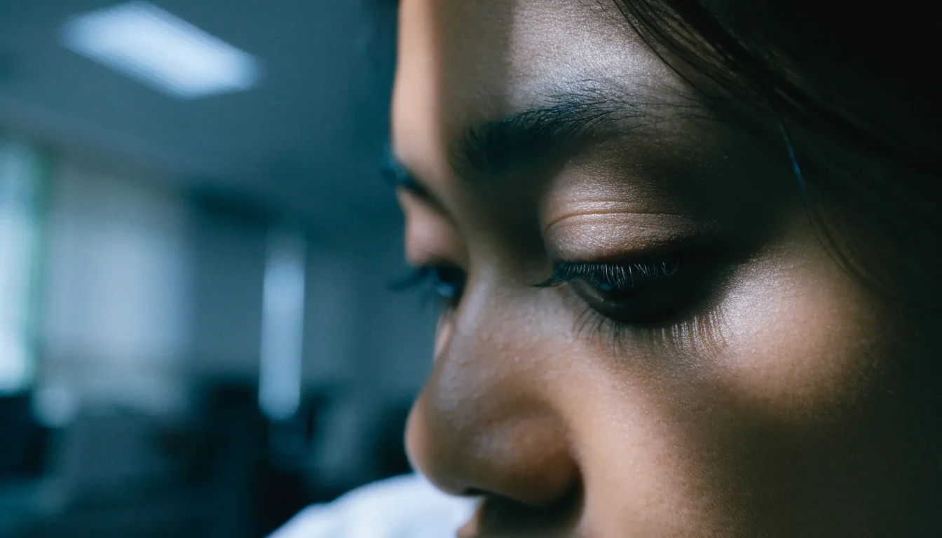 Close crop of an eye and brow mid-blink under vent air