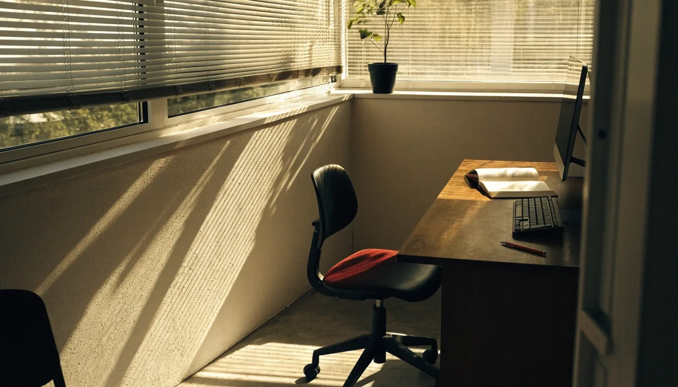 A small workspace at a right angle to a bright windowed wall with light raking in from the side