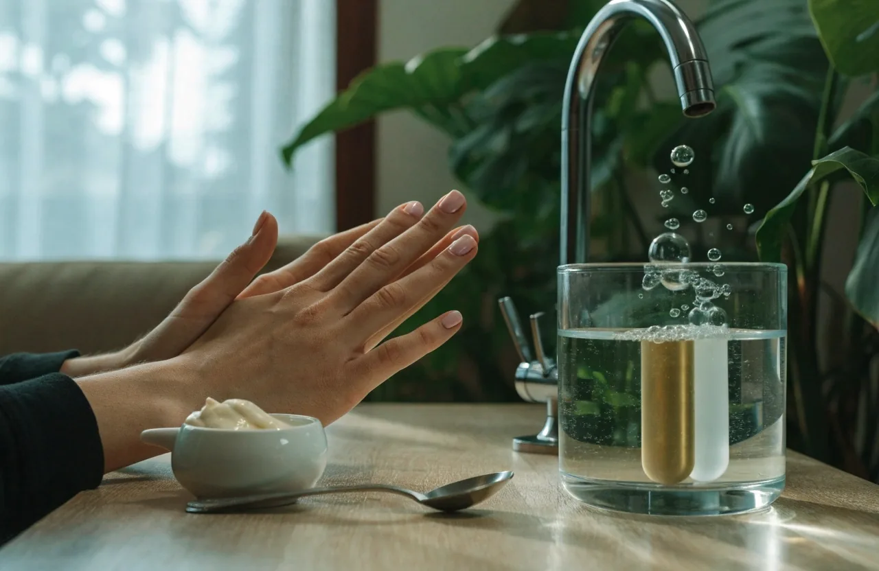 A hand on a keyboard at arm's length from a desk, framed the way a correctly seated viewer sees it