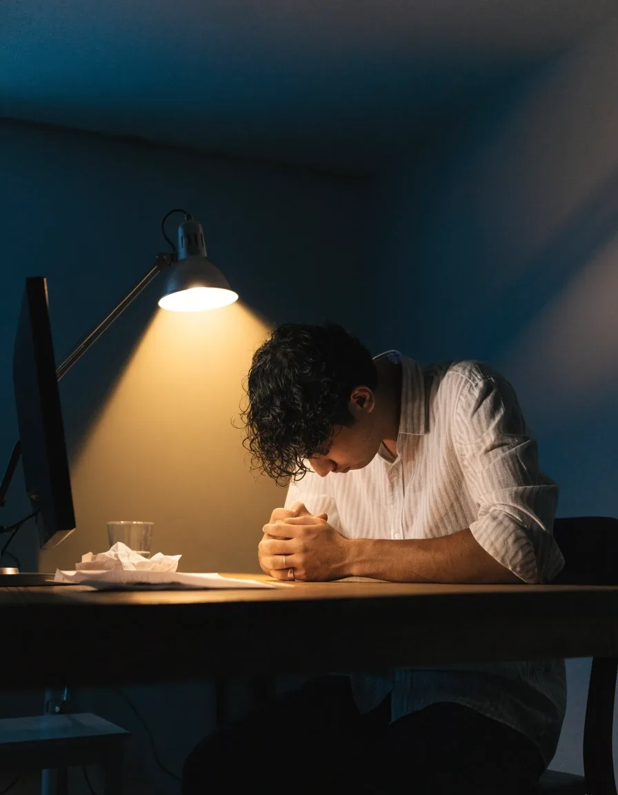 A desk lamp aimed down at an open notebook, leaving the wall behind dimly lit