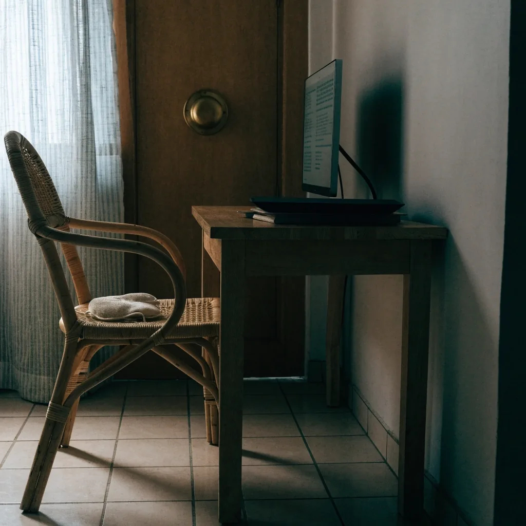 A band of window light falling across a bare desk surface beside a laptop edge