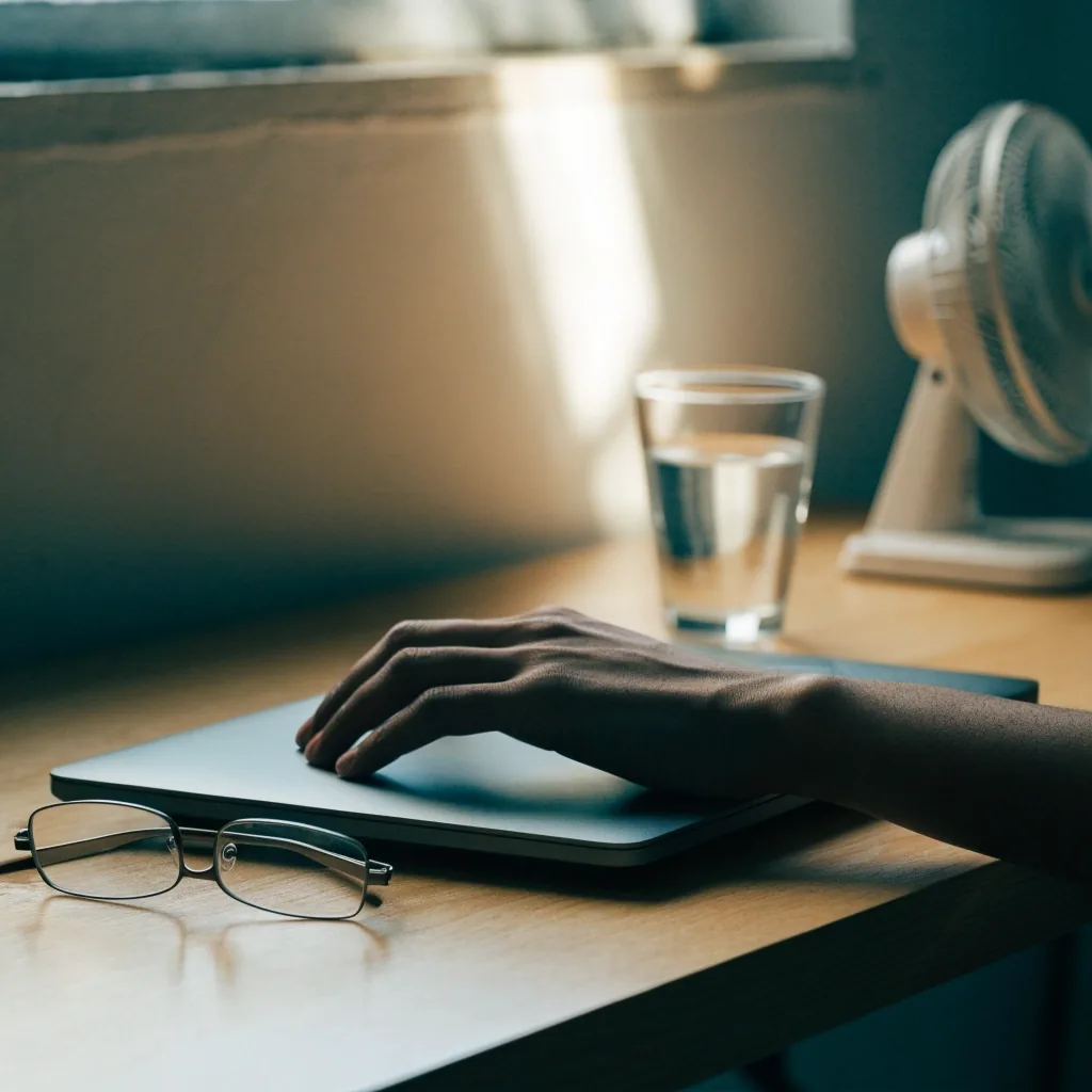 A hand resting on a closed laptop beside spectacles and a water glass on a work desk