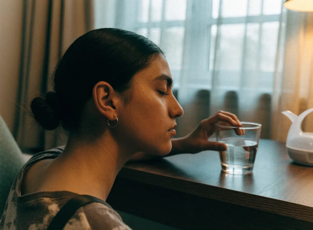 Person leaning back from a desk and looking out a bright midday window, water glass catching light