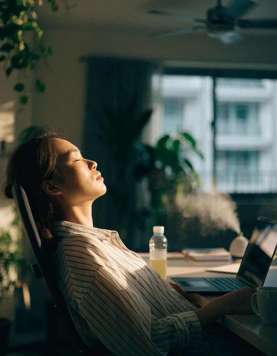 Person at a desk in a humid afternoon room, shoulders and jaw turned toward laptop screen glow