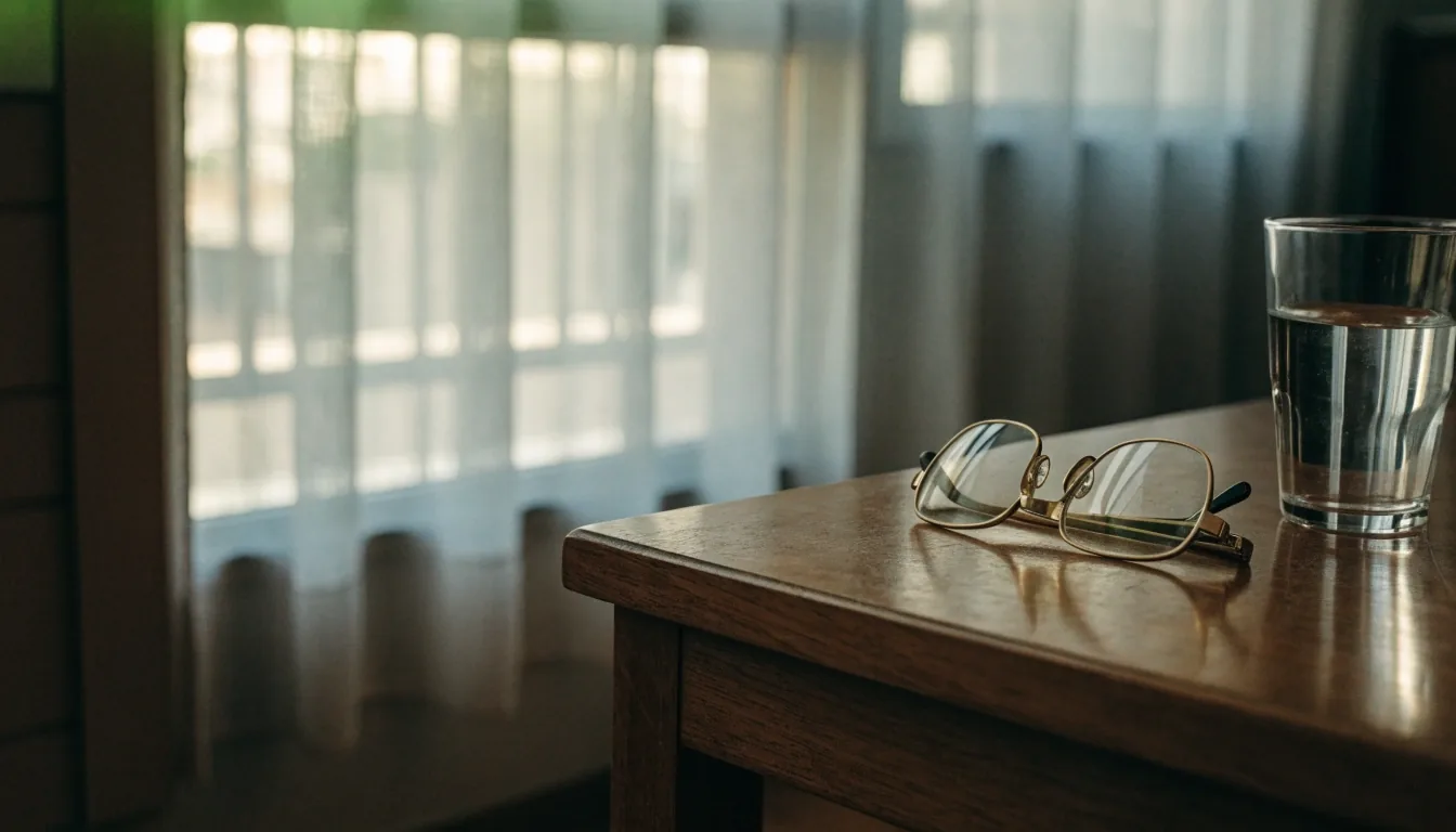 A quiet reading corner in a Jakarta apartment with reading glasses and a glass of water on a low table beside a curtained window