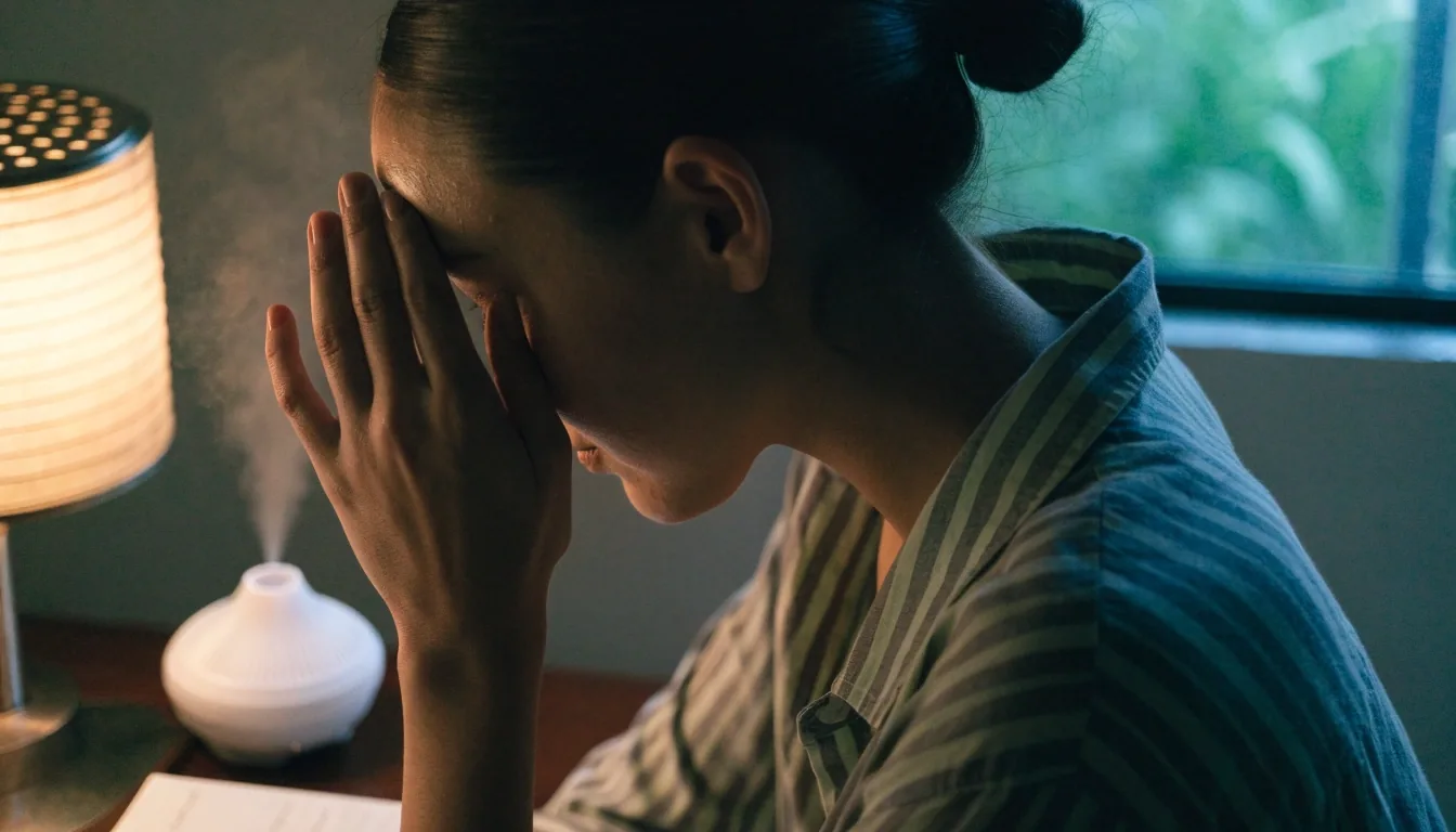 A person at a mid-afternoon desk, shoulders and jaw lit by a laptop glow, low-key documentary photograph