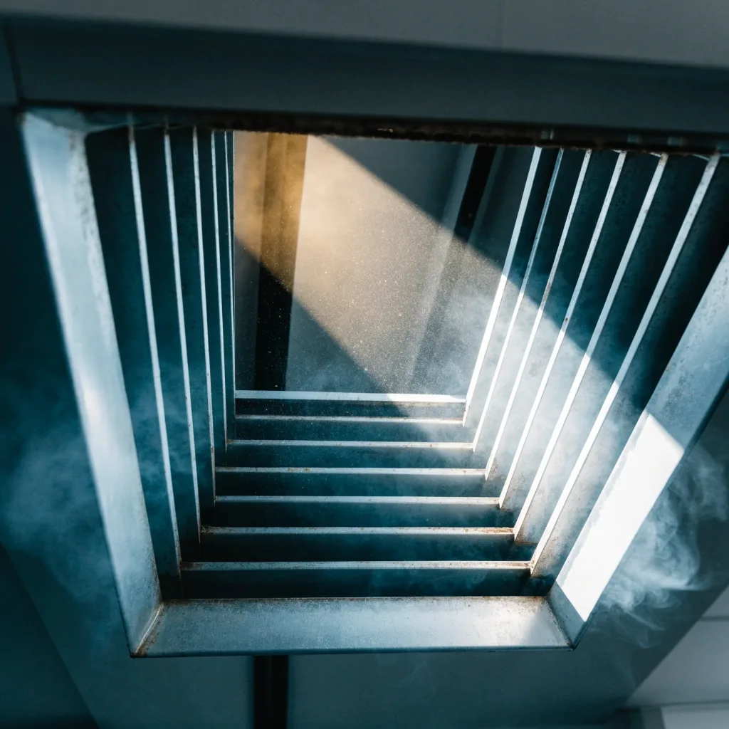 Ceiling air-conditioner vent from below with daylight across it